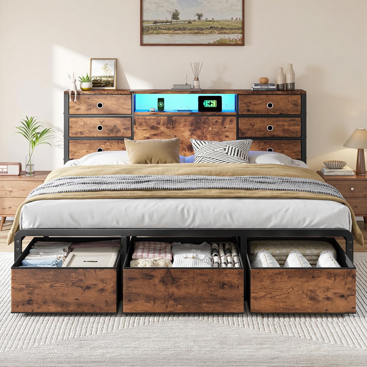 King Size Bed Frame with 9 Drawers and Charging Station,Brown | Storage Headboard Shef,LED Lights,Supports 880 lbs,Noise-Free,No Box Spring Needed,Easy Assembly