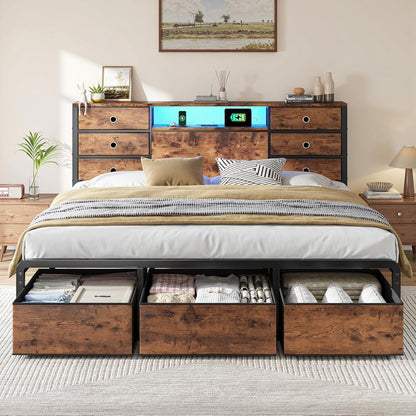 King Size Bed Frame with 9 Drawers and Charging Station,Brown | Storage Headboard Shef,LED Lights,Supports 880 lbs,Noise-Free,No Box Spring Needed,Easy Assembly