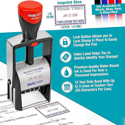 MaxMark Heavy Duty Self Inking Date Stamp with Phrase Scanned - 2 Color Blue/Red Ink