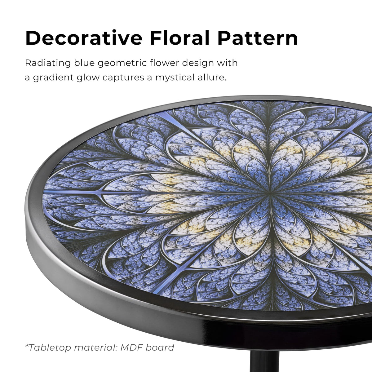 Modern 24" Tall Round End Table with Printed Tabletop and Iron Metal Base, Accent Furniture, Pedestal Stand for Living Room, Home Office, Black with Geometric Floral