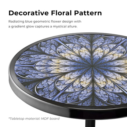 Modern 24" Tall Round End Table with Printed Tabletop and Iron Metal Base, Accent Furniture, Pedestal Stand for Living Room, Home Office, Black with Geometric Floral