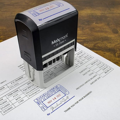 MaxMark Large Self-Inking Rubber Date Office Stamp with Posted Phrase & Date - Blue/Red Ink, 12-Year Band - Style 3