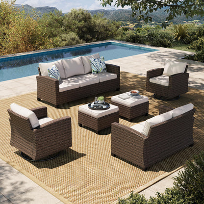 Outdoor Patio Furniture Set with Swivel Glide Chairs, 6 Pieces Wicker Patio Conversation Sofa Sets for Backyard Porch Deck, Beige