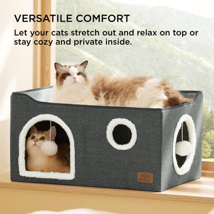 Large Cat Beds for Indoor Cats - Extra Wide Cat Cube House for Small Pet with Fluffy Ball Hanging and Scratch Pad, Foldable Pet Cave Hideaway for Multiple Cats, 23.6x16.9x13 inches, Dark Grey