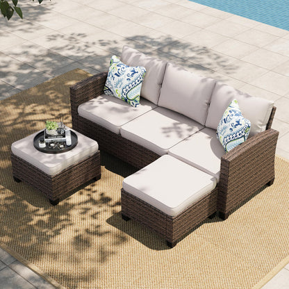 Small Patio Furniture Set, 3 Pieces Wicker Outdoor Sectional Set, L-Shaped Patio Couch Set, Modular Rattan Conversation Set with Lounge Sofa and Ottomans for Deck Lawn Garden, Beige