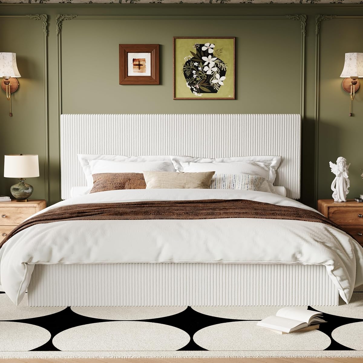 King Bed Frame, Adjustable Corduroy Headboard, Platform, White