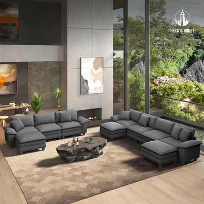 124" Modular Sectional Sofa, Oversized L Shaped Couches for Living Room, Comfy Cloud Couch with Ottoman, 4-Seater Deep Seat Sofa with Throw Pillow, Corduroy Grey