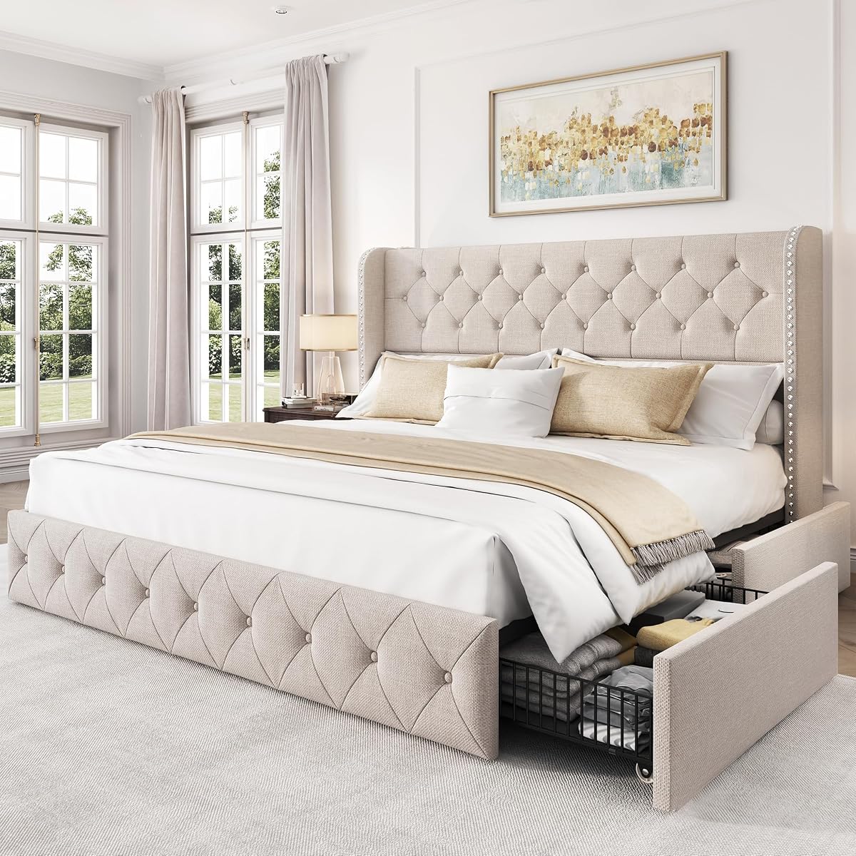 King Size Bed Frame with 4 Storage Drawers and 47.2" Tall Tufted Headboard Linen Upholstered Platform Bed Frame Wingback Beds with Wooden Slats Support, Easy Assembly, Beige