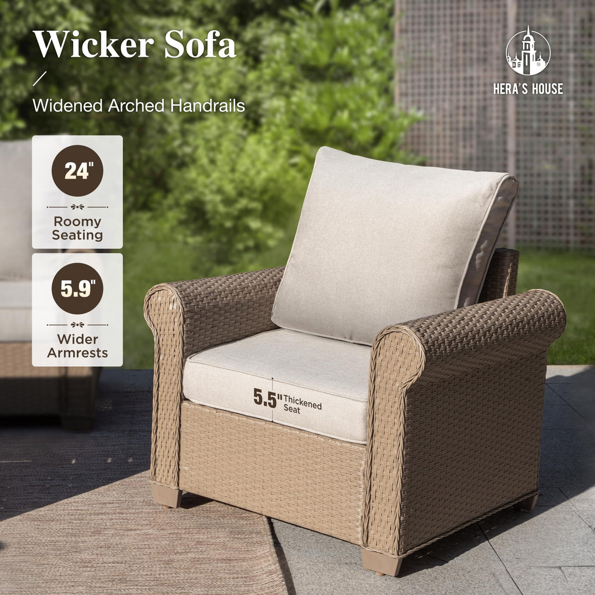 6-Piece Patio Furniture Set, All Weather 7 Seats Outdoor Wicker Sofa with 57" Fire Pit Table, 5.5" Thick Waterproof Cushion Conversation Couch Set for Garden Deck Backyard, Beige