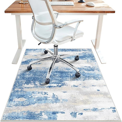Office Chair Mat for Hardwood Tile Floor, Abstract 48"X 60" Desk Mats for Office Chair on Rolling Chairs Carpet, Desk Anti-Slip 1/5" Thick Rug for Computer Chair, Thin Low-Pile Floor Mat, Blue Cream