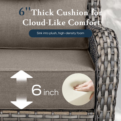 Luxury 6" Thick Cushioned 10 Pieces Patio Furniture Set with Fire Pit Table, Wicker Outdoor Conversation Set with High Back Swivel Rocker Chairs for Deck Porch Yard and Poolside - Grey+Grey