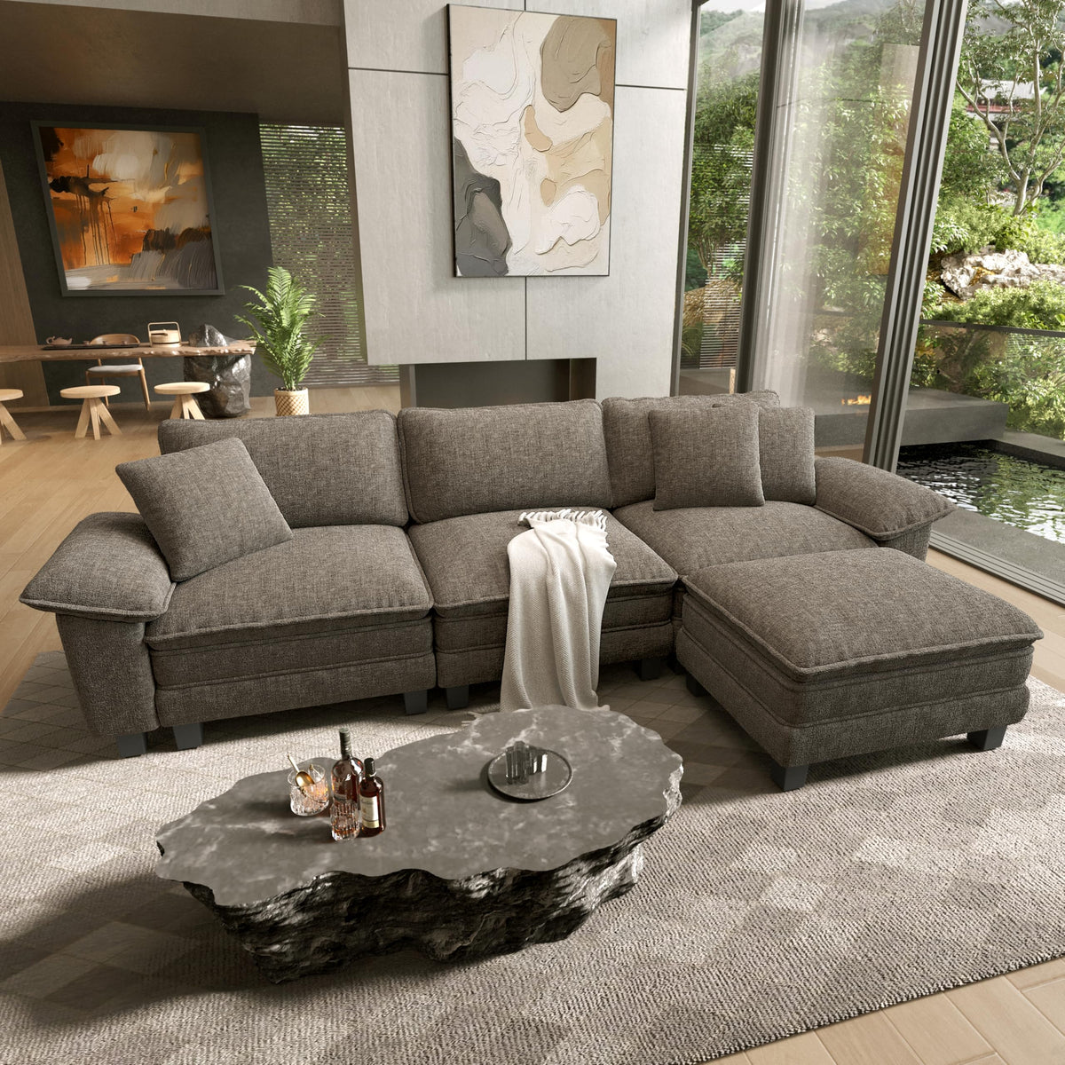 124" Modular Sectional Sofa, Oversized L Shaped Couches for Living Room, Comfy Cloud Couch with Ottoman, 4-Seater Deep Seat Sofa with Throw Pillow, Chenille Ash