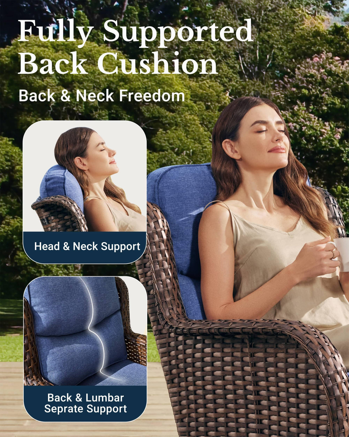 Luxury Patio Furniture Set with 6-inch Thick Cushion, Outdoor High Back Swivel Rocker Patio Chairs, 6PCS Wicker Conversation Set for Deck Yard and Poolside, Blue (V2)