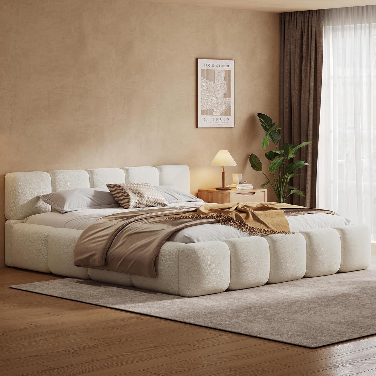 California King Boucle Platform Bed, Headboard and Footboard, White