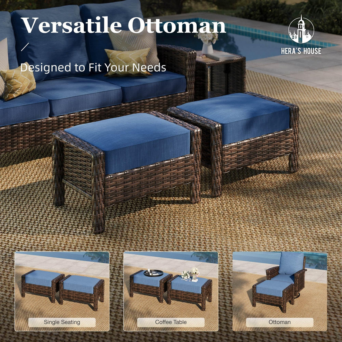 8-Piece Outdoor Furniture Set with Fire Pit Table, Patio Conversation Set with 5.5-Inch Thick Cushions & High Back Swivel Chairs, All-Weather Wicker Deep Seating Sofa with Ottomans, Blue