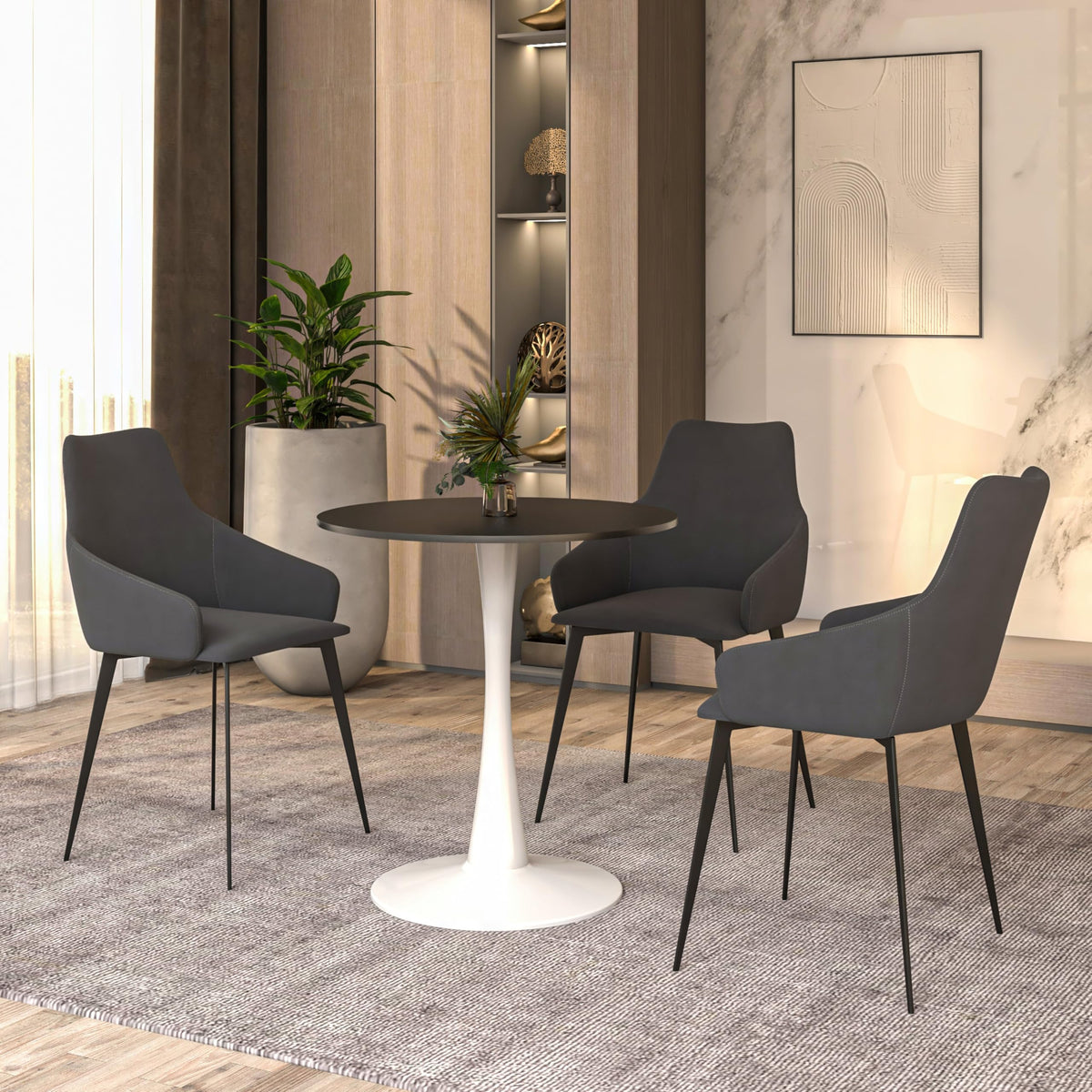 24" Wide Round Dining Table, Modern MDF Wood Top & White Metal Pedestal Base Gloss Finish Accent Table Mid-Century Café Table, Kitchen Dining Room Furniture, Black