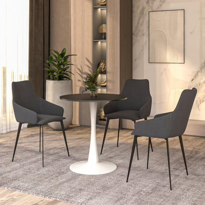 24" Wide Round Dining Table, Modern MDF Wood Top & White Metal Pedestal Base Gloss Finish Accent Table Mid-Century Café Table, Kitchen Dining Room Furniture, Black