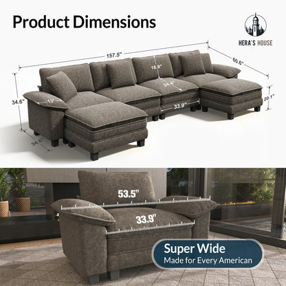 158" Modular Sectional Sofa, Oversized U Shaped Couches for Living Room, Comfy Cloud Couch with Ottoman, 6-Seater Deep Seat Sofa with Throw Pillow, Chenille Ash