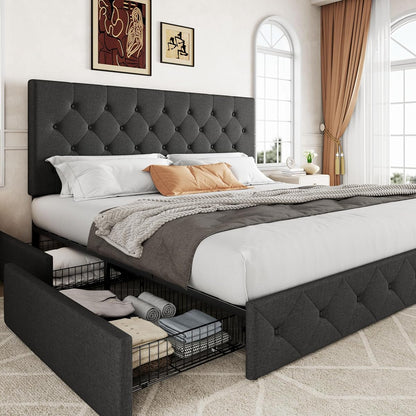 Upholstered King Size Platform Bed Frame with 4 Storage Drawers and Headboard, Diamond Stitched Button Tufted, Mattress Foundation with Wooden Slats Support, No Box Spring Needed, Dark Grey