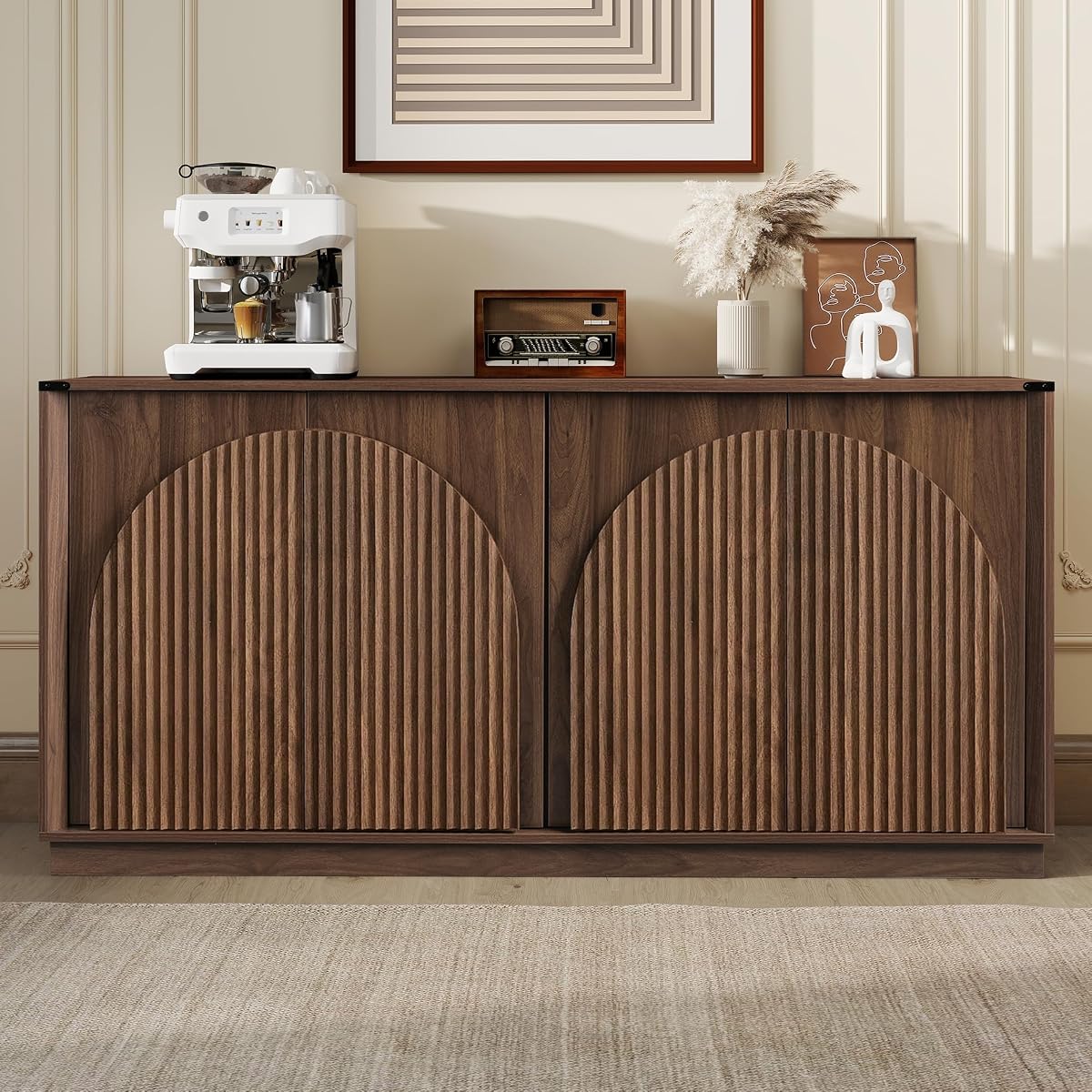 65" Sideboard Buffet Cabinet with Storage, Mid Century Modern Fluted Accent Credenza with Adjustable Shelves, Wood Media TV Console Coffee Bar Table for Dining Room, Living Room, Walnut