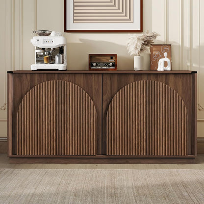 65" Sideboard Buffet Cabinet with Storage, Mid Century Modern Fluted Accent Credenza with Adjustable Shelves, Wood Media TV Console Coffee Bar Table for Dining Room, Living Room, Walnut