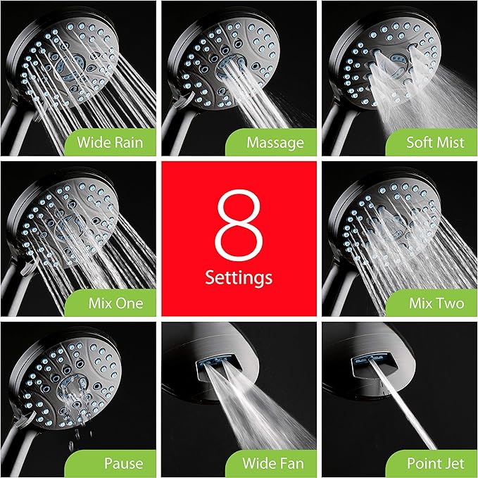 Hotel Spa AquaCare High Pressure 8-mode Handheld Shower Head, Anti-clog Nozzles - Built-in Power Wash to Clean Tub, Tile & Pets, Extra Long 6 ft. Stainless Steel Hose, Wall & Overhead Brackets