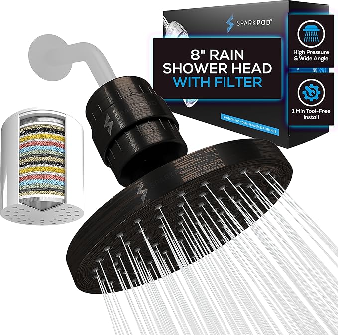 SparkPod Luxury Filtered Shower Head Set 23 Stage Shower Filter - Reduces Chlorine and Heavy Metals - High Pressure Showerhead Filter (8" Round, Vintage Oil-Rubbed Bronze)