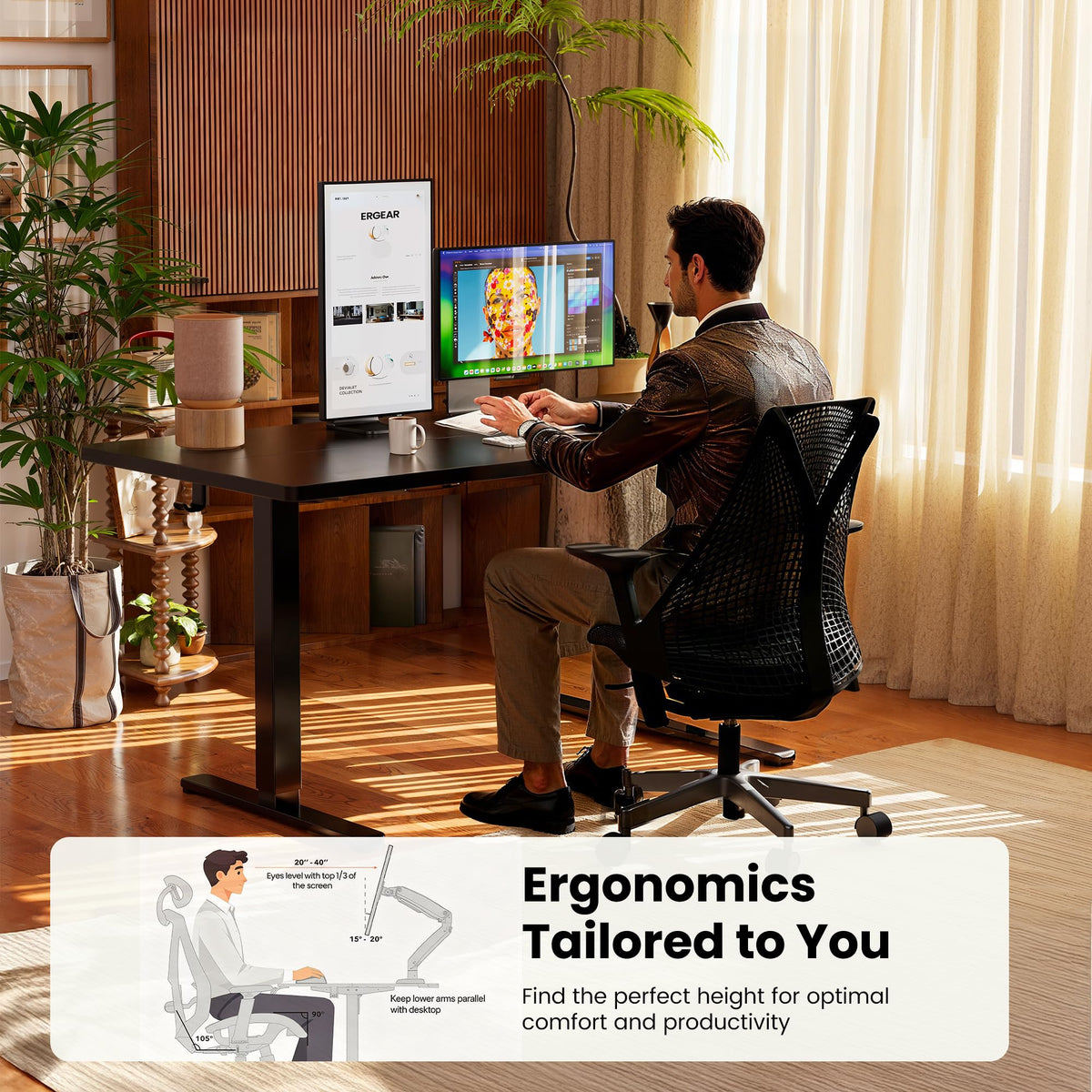 Height Adjustable Electric Standing Desk, 55 x 28 Inches Sit Stand up Desk, Memory Computer Home Office Desk, Vintage Brown