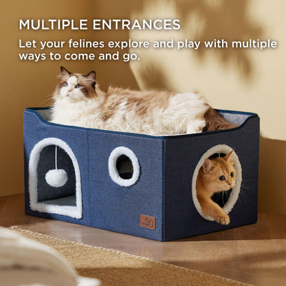 Large Cat Beds for Indoor Cats - Extra Wide Cat Cube House for Small Pet with Fluffy Ball Hanging and Scratch Pad, Foldable Pet Cave Hideaway for Multiple Cats, 23.6x16.9x13 inches, Blue