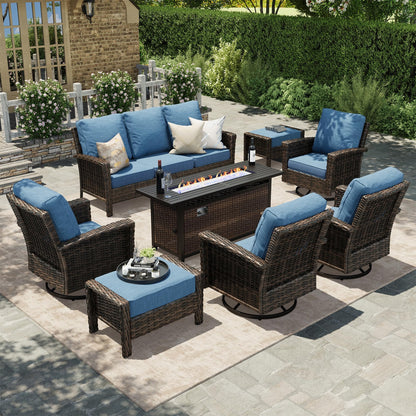 8-Piece Outdoor Furniture Set with Fire Pit Table, Patio Conversation Set with 5.5-Inch Thick Cushions & High Back Swivel Chairs, All-Weather Wicker Deep Seating Sofa with Ottomans, Blue