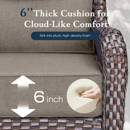 Luxury 6" Thick Cushioned 8 Pieces Patio Furniture Set with Outdoor Couch, Wicker Outdoor Conversation Set with High Back Swivel Rocker Chairs for Deck Porch Yard and Poolside - Brown+Grey