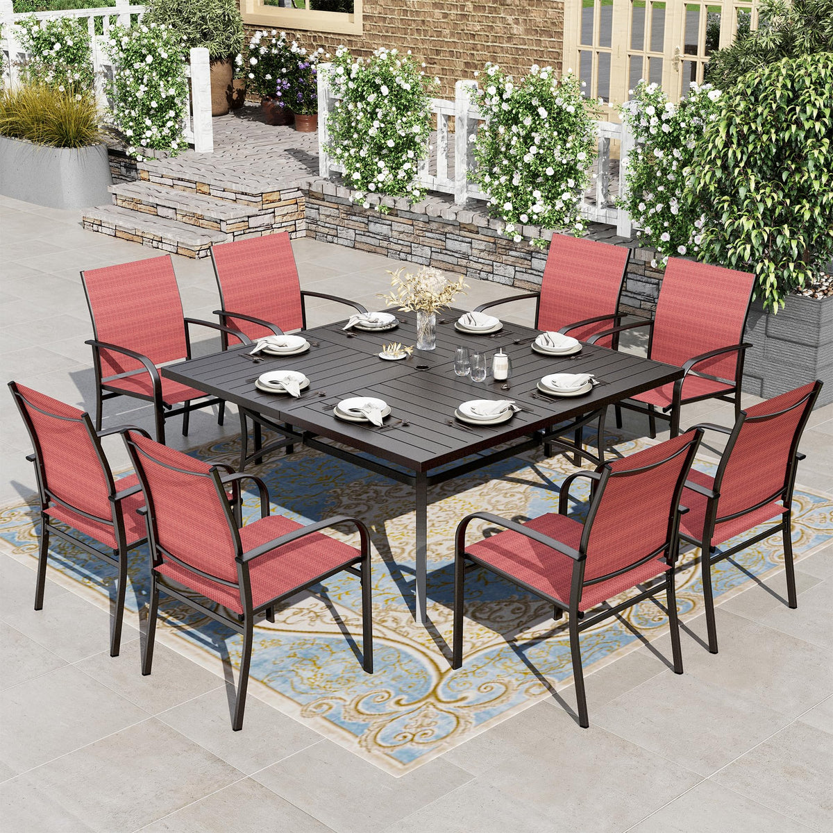Patio Dining Set 9 Pieces, Outdoor Table and Chairs Set for 8, 8 x Red Textilene Dining Chair, 60" Square Metal Dining Table with 1.57" Umbrella Hole, for Lawn Garden Backyard Deck