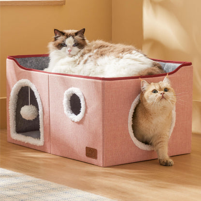 Large Cat Beds for Indoor Cats - Extra Wide Cat Cube House for Small Pet with Fluffy Ball Hanging and Scratch Pad, Foldable Pet Cave Hideaway for Multiple Cats, 23.6x16.9x13 inches,Pink