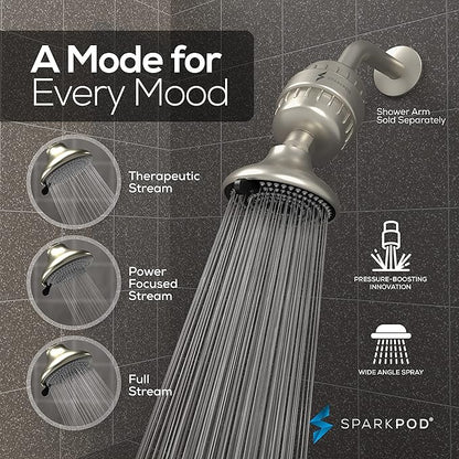 SparkPod 23-Stage Filtered Shower Head with 3 Spray Settings - High Pressure Shower Head with Filters for Dry Hair and Skin - Showerhead with Filter Reduces Chlorine & Heavy Metals (Brushed Nickel)