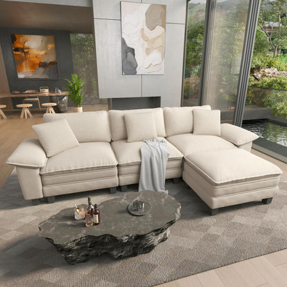 124" Modular Sectional Sofa, Oversized L Shaped Couches for Living Room, Comfy Cloud Couch with Ottoman, 4-Seater Deep Seat Sofa with Throw Pillow, Chenille Beige