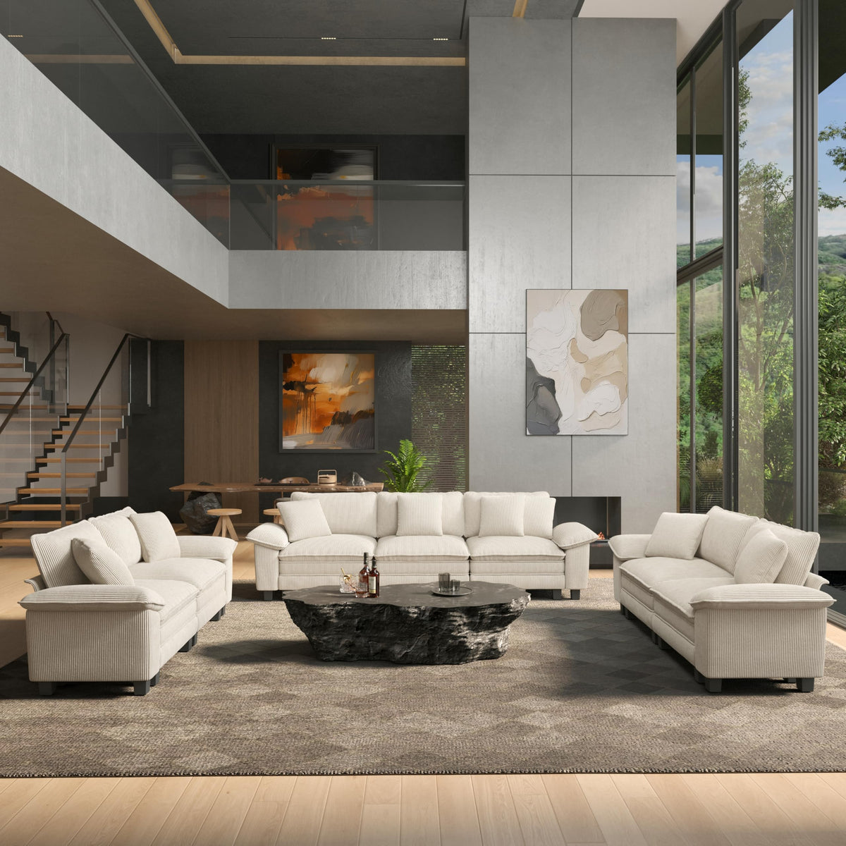2 Pieces Modular Sectional Sofa Sets, Oversized Couch Set with Loveseat and Armchair, Comfy Cloud Couches with Throw Pillows, 3-Seater Deep Seat Sofa for Living Room, Corduroy Beige