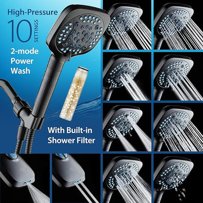AquaCare 4X High Pressure 10 Spray Mode Filtered Showerhead - Handheld Shower Head Filters Chlorine to Heal Dry Skin, Revive Hair - Dual Power Wash Cleans Tub, Tile, Pets - Hard Water Softener, ORB