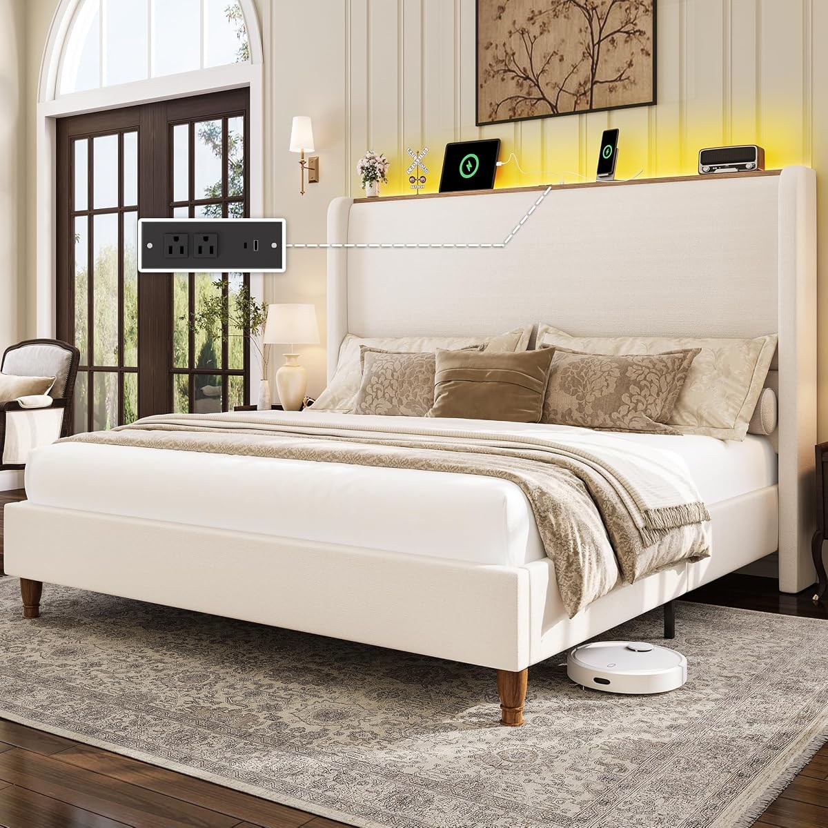 Queen Size Bed Frame with LED Lights and Charging Station Linen Upholstered Platform Bed Frame with 51.2" Tall Headboard Wingback and Storage Shelf, No Box Spring Needed, Noise Free, Beige
