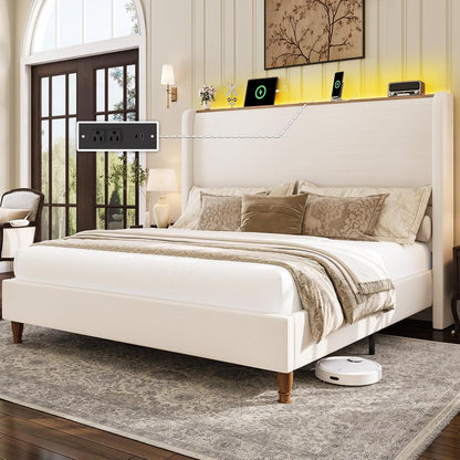Queen Size Bed Frame with LED Lights and Charging Station Linen Upholstered Platform Bed Frame with 51.2" Tall Headboard Wingback and Storage Shelf, No Box Spring Needed, Noise Free, Beige