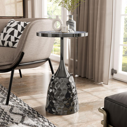 Modern 24" Tall Round End Table with Printed Tabletop and Iron Metal Base, Accent Furniture, Pedestal Stand for Living Room, Home Office, Black with Geometric Floral