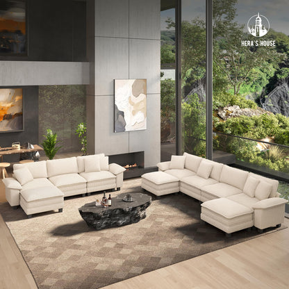 124" Modular Sectional Sofa, Oversized L Shaped Couches for Living Room, Comfy Cloud Couch with Ottoman, 4-Seater Deep Seat Sofa with Throw Pillow, Chenille Beige