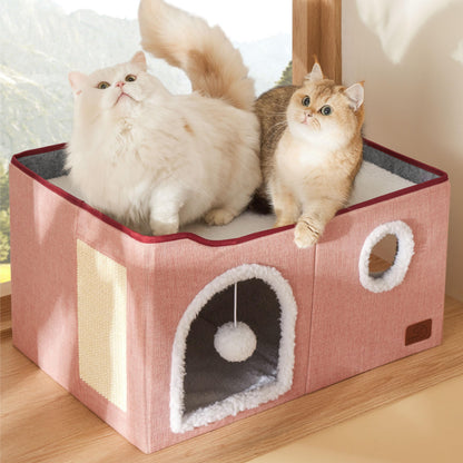 Large Cat Beds for Indoor Cats - Extra Wide Cat Cube House for Small Pet with Fluffy Ball Hanging and Scratch Pad, Foldable Pet Cave Hideaway for Multiple Cats, 23.6x16.9x13 inches,Pink