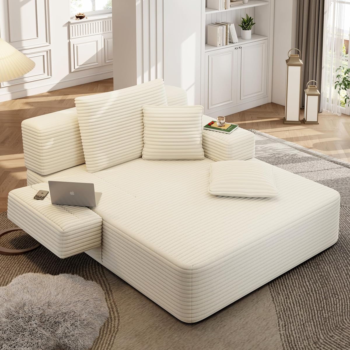 48.5'' Oversized Chaise Lounge Indoor, Corduroy Boneless Couch, Beige | Upholstered Single Sofa Bed with 3 Pillows, Side Pocket, Adjustable Armrest, Plush Floor Chair for Living Room, Balcony