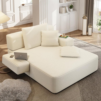 48.5'' Oversized Chaise Lounge Indoor, Corduroy Boneless Couch, Beige | Upholstered Single Sofa Bed with 3 Pillows, Side Pocket, Adjustable Armrest, Plush Floor Chair for Living Room, Balcony