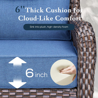 Luxury 6" Thick Cushioned 5 Pieces Patio Furniture Set with Fire Pit Table, Wicker Outdoor Conversation Set with High Back Swivel Rocker Chairs for Deck Porch Yard and Poolside - Brown+Blue
