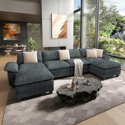 158" Modular Sectional Sofa, Oversized U Shaped Couches for Living Room, Comfy Cloud Couch with Ottoman, 6-Seater Deep Seat Sofa with Throw Pillow, Chenille Blue