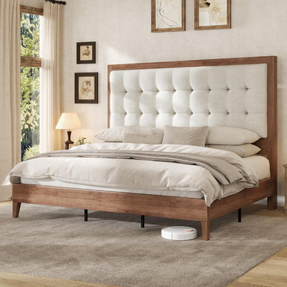 Solid Wood Queen Bed Frame 50.2" Upholstered Headboard, Walnut