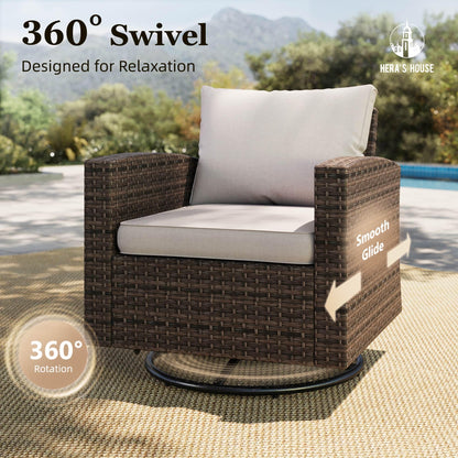 Outdoor Patio Furniture Set with Swivel Glide Chairs, 6 Pieces Wicker Patio Conversation Sofa Sets for Backyard Porch Deck, Beige