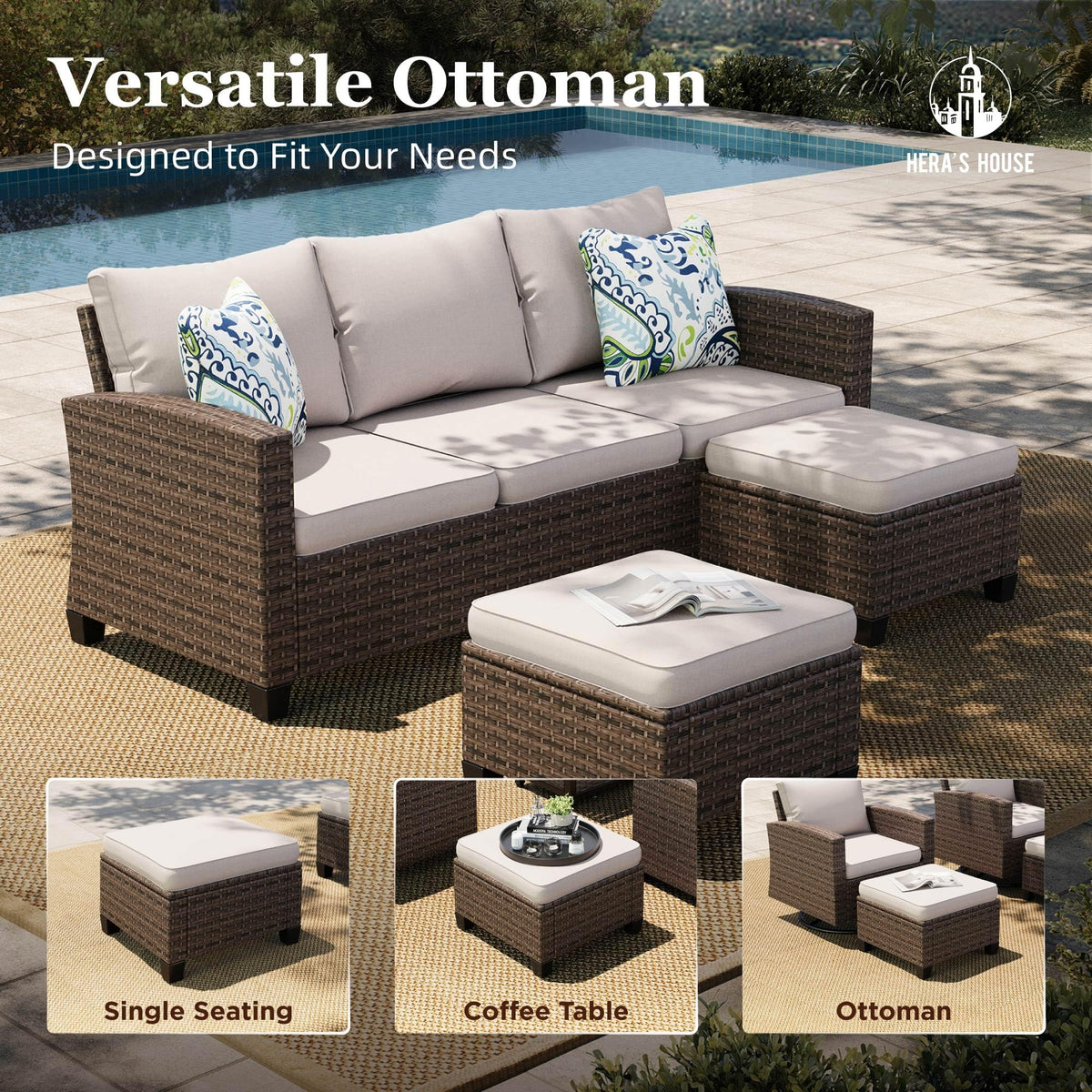 Outdoor Patio Furniture Set with Swivel Glide Chairs, 6 Pieces Wicker Patio Conversation Sofa Sets for Backyard Porch Deck, Beige