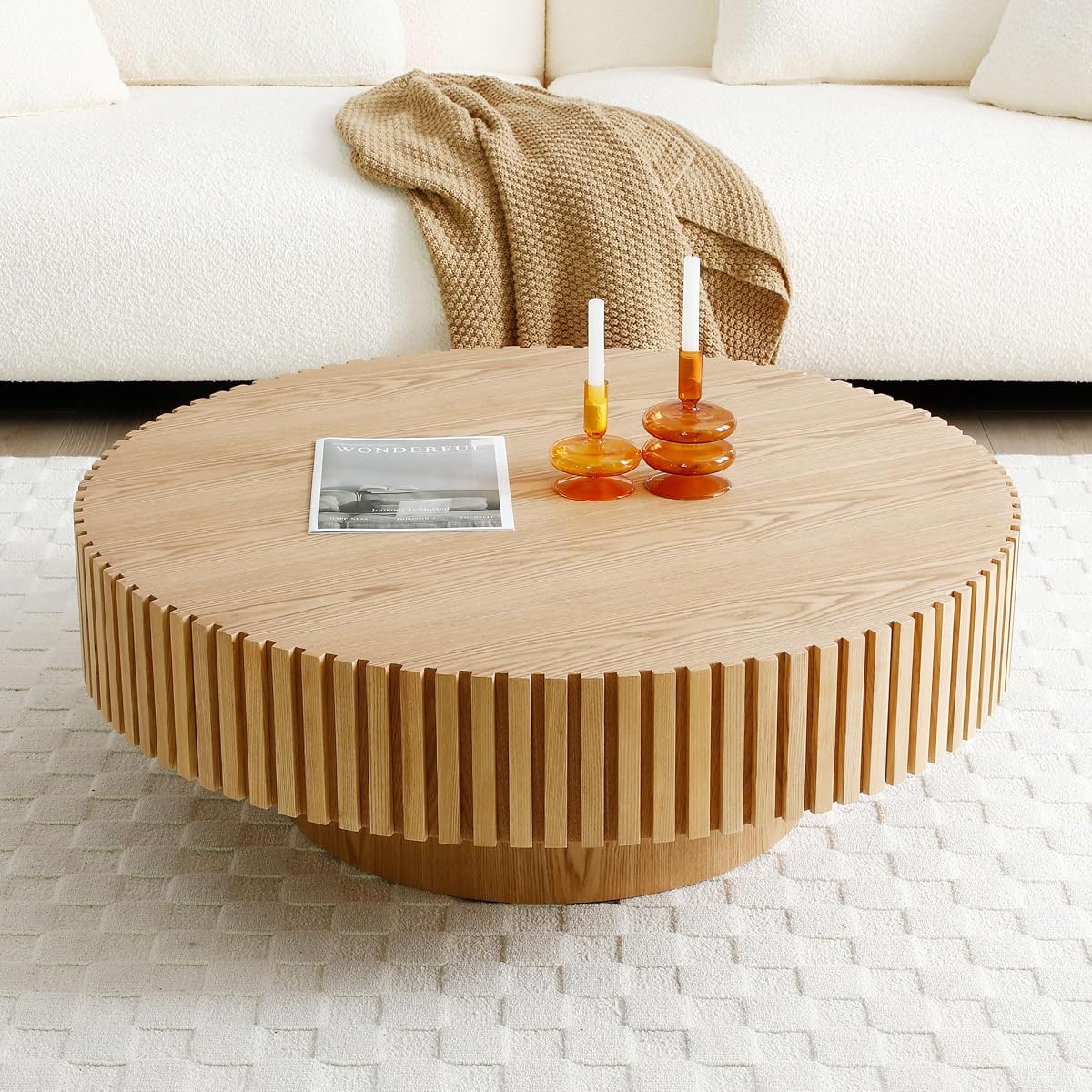 Round Coffee Table for Living Room Contemporary Wood Circle Fluted Coffee Table for Apartment, Easy Assembly ø31.49'', Wood Oak